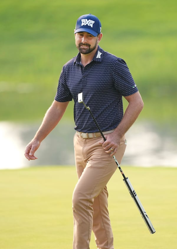Cristobal Del Solar smiles on the 18th hole during the first round of the Canadian Open in Alton, Ontario, Thursday, June 5, 2025. (Nathan Denette/The Canadian Press via AP)