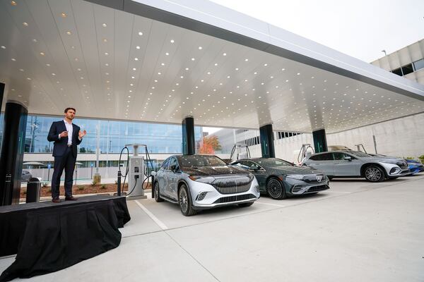 Andrew Cornelia, president & CEO Mercedes-Benz High-Power Charging North America, speaks to guests and media members during unveiling the first station charger in North America on Wednesday, Nov. 15, 2023.
(Miguel Martinez/AJC) 