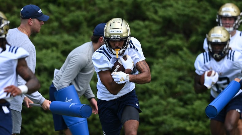 Georgia Tech's wide receiver Dominick Blaylock (12) runs a drill during a training camp at Georgia Tech’s Rose Bowl Field, Tuesday, August 1, 2023, in Atlanta. (Hyosub Shin / Hyosub.Shin@ajc.com)