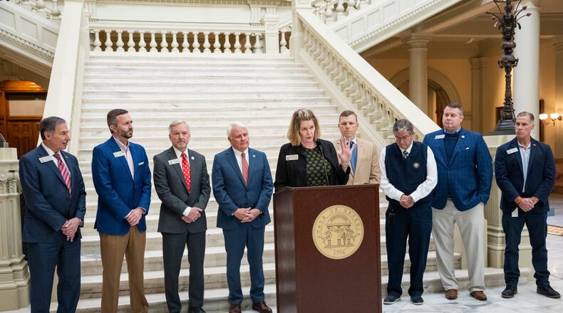 Georgia House Speaker Jon Burns, R-Newington, and Pro Tem Jan Jones, R-Milton, hold a press conference announcing their plans to bolster pre-K. at the Georgia State Capitol in Atlanta on Tuesday, Jan. 16, 2024. (Olivia Bowdoin for the Atlanta Journal-Constitution).