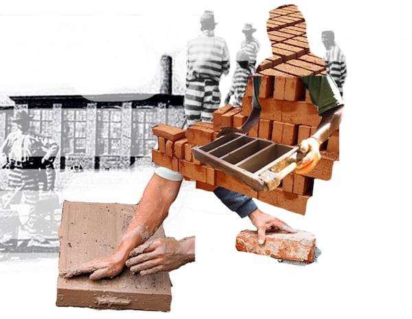 In an early collage, Chastain “Chaz” Clark  explored themes of forced convict labor in Atlanta’s historic brick factories. (Chastain Clark/Studio Chastain)