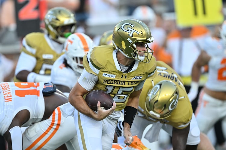 Georgia Tech quarterback Alberto Mendoza runs the ball during the first half of the game against Tennessee at Bobby Dodd Stadium on Saturday, Sept. 12, 2026, in Atlanta. The Yellow Jackets lost 45-24 against the Volunteers. (Hyosub Shin/AJC)