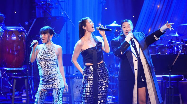 Rei Ami, from left, EJAE, and Audrey Nuna perform during the Pre-Grammy Gala on Saturday, Jan. 31, 2026, at the Beverly Hilton Hotel in Beverly Hills, Calif. (AP Photo/Chris Pizzello)
