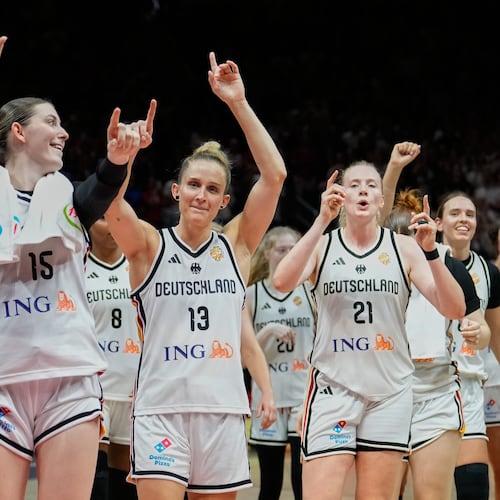 German players celebrate after the Women's Basketball World Cup match between the Germany and Mali in Berlin, Monday, Sept. 7, 2026. (AP Photo/Ebrahim Noroozi)