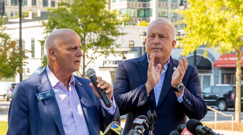 Buckhead City supporters include state Sen. Brandon Beach, left, and Bill White, who is the Buckhead City Committee chairman and CEO. Beach filed legislation Thursday that could enable the Atlanta neighborhood to break off and form its own city. (Jenni Girtman for The Atlanta Journal-Constitution)