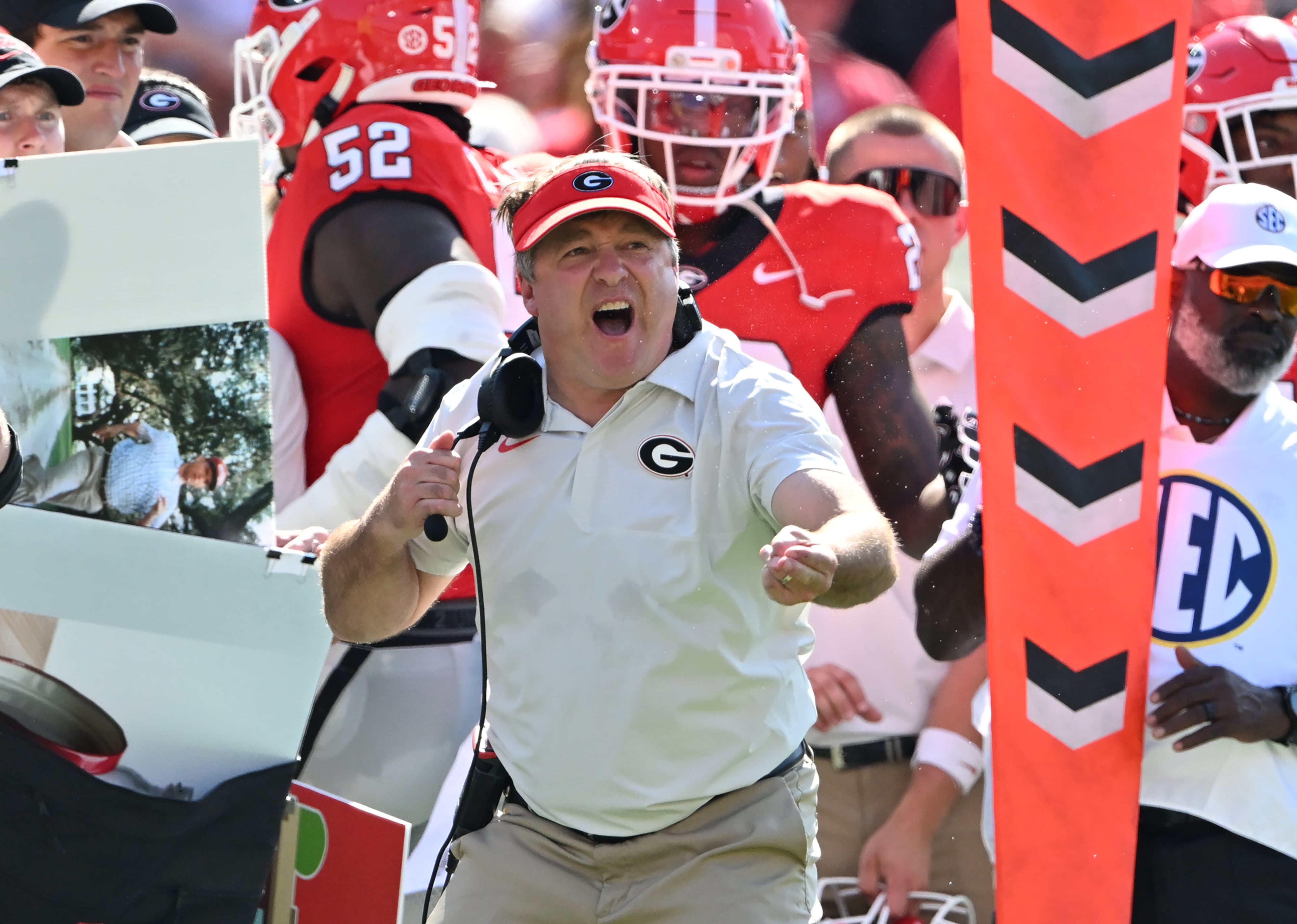 Georgia head coach Kirby Smart shouts instructions during the first half in an NCAA football game at Sanford Stadium, Saturday, August 30, 2025, in Athens. Georgia won 45-7 over Marshall. (Hyosub Shin / AJC)
