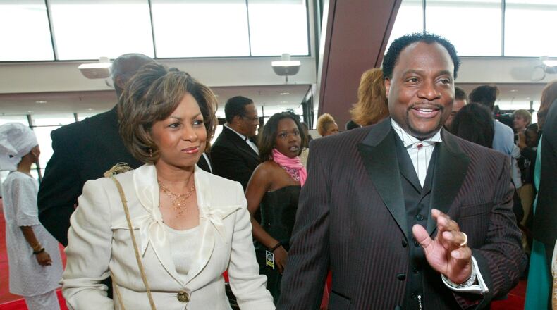 Bishop Eddie Lee Long, pastor of New Birth Missionary Baptist in Lithonia, Ga. and wife Vanessa Griffin Long arrive at the 13th Annual Trumpet Awards Monday, April 25, 2005. (AJC FILE PHOTO)