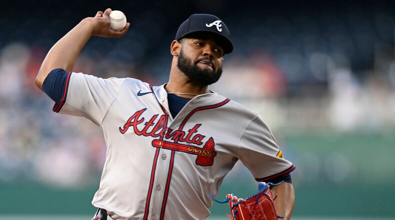 Atlanta Braves starting pitcher Reynaldo Lopez throws to a Washington Nationals batter during the first inning of a baseball game Thursday, June 6, 2024, in Washington. (AP Photo/John McDonnell)