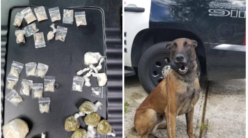 On the left are drugs allegedly found in a car. On the right is Apex, a Marietta K-9 who cops say found the drugs.