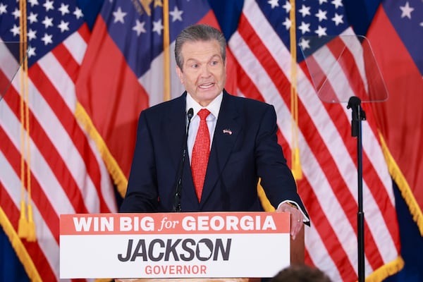 Republican nominee for governor Rick Jackson speaks at his election night party at the Westin Atlanta Perimeter North in June. (Jason Getz/AJC)