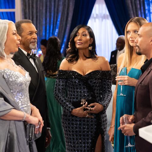 From left, Tamara Tunie as Anita Dupree, Clifton Davis as Vernon Dupree, Trisha Mann-Grant as Leslie Thomas, Melissa Ordway as Abby Newman and Bryton James as Devon Winters in the June 10, 2026, episode of "Beyond the Gates." (Courtesy of Quantrell Colbert/CBS)