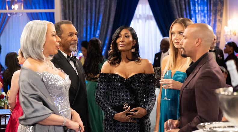 From left, Tamara Tunie as Anita Dupree, Clifton Davis as Vernon Dupree, Trisha Mann-Grant as Leslie Thomas, Melissa Ordway as Abby Newman and Bryton James as Devon Winters in the June 10, 2026, episode of "Beyond the Gates." (Courtesy of Quantrell Colbert/CBS)