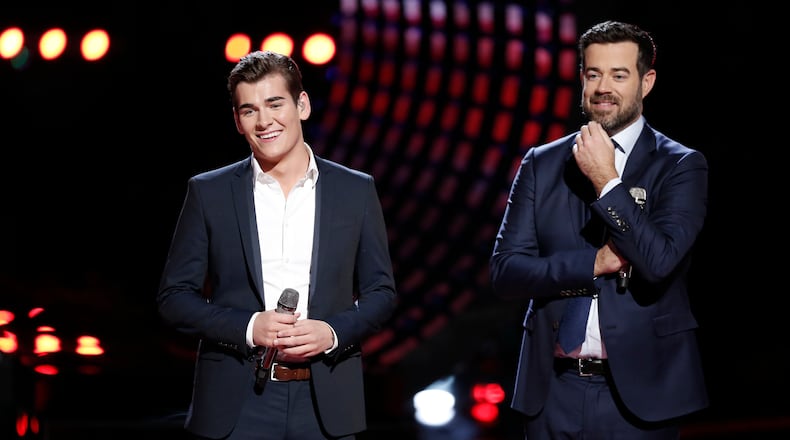 THE VOICE -- "Live Top 11" Episode 915A -- Pictured: (l-r) Zach Seabaugh, Carson Daly -- (Photo by: Tyler Golden/NBC)