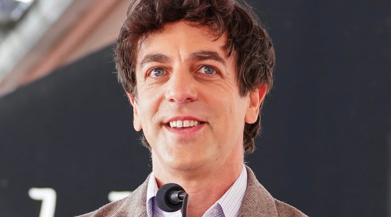 FILE - B.J. Novak, left, speaks at a ceremony honoring Mindy Kaling with a star on the Hollywood Walk of Fame in Los Angeles. (Photo by Jordan Strauss/Invision/AP, File)