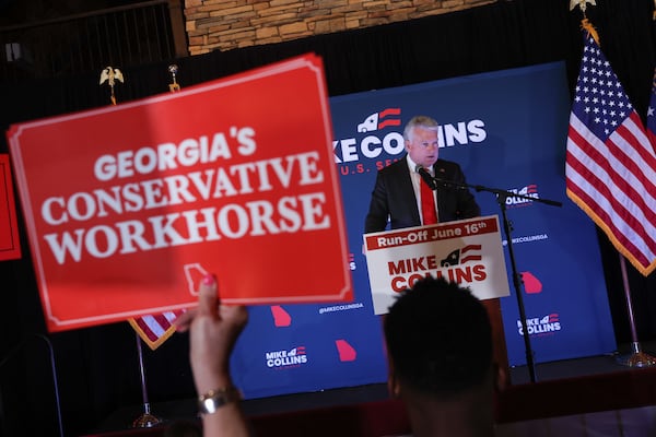 Republican U.S. Senate candidate Mike Collins speaks at his primary election watch party at The Carmichael House in Jackson on May 19, 2026. Collins, who is in his second term in the U.S. House representing the 10th Congressional District, advanced to the June 16 runoff that will determine which Republican will face incumbent Democratic Sen. Jon Ossoff. (Arvin Temkar/AJC)