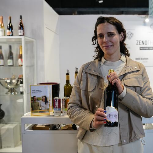 Katja Bernegger, Founder of Zeronimo, poses for a photo at the Wine Paris 2026 fair, at the Porte de Versailles exhibition center in Paris, France, Tuesday, Feb. 10, 2026. (AP Photo/Aurelien Morissard)