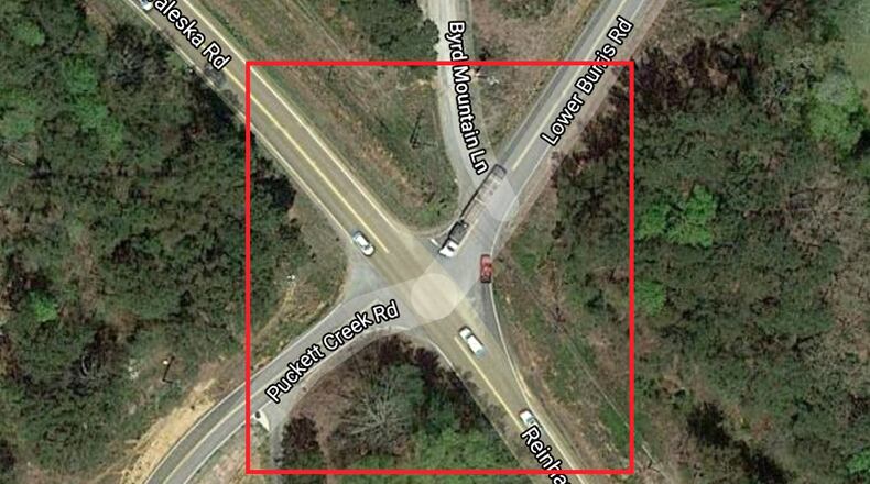 Aerial view depicts the intersection of Reinhardt College Parkway (Ga. 140) and Lower Burris, Puckett and Byrd Mountain roads near Canton. A new traffic signal for the crossroads is to be activated May 5. GEORGIA DEPARTMENT OF TRANSPORTATION