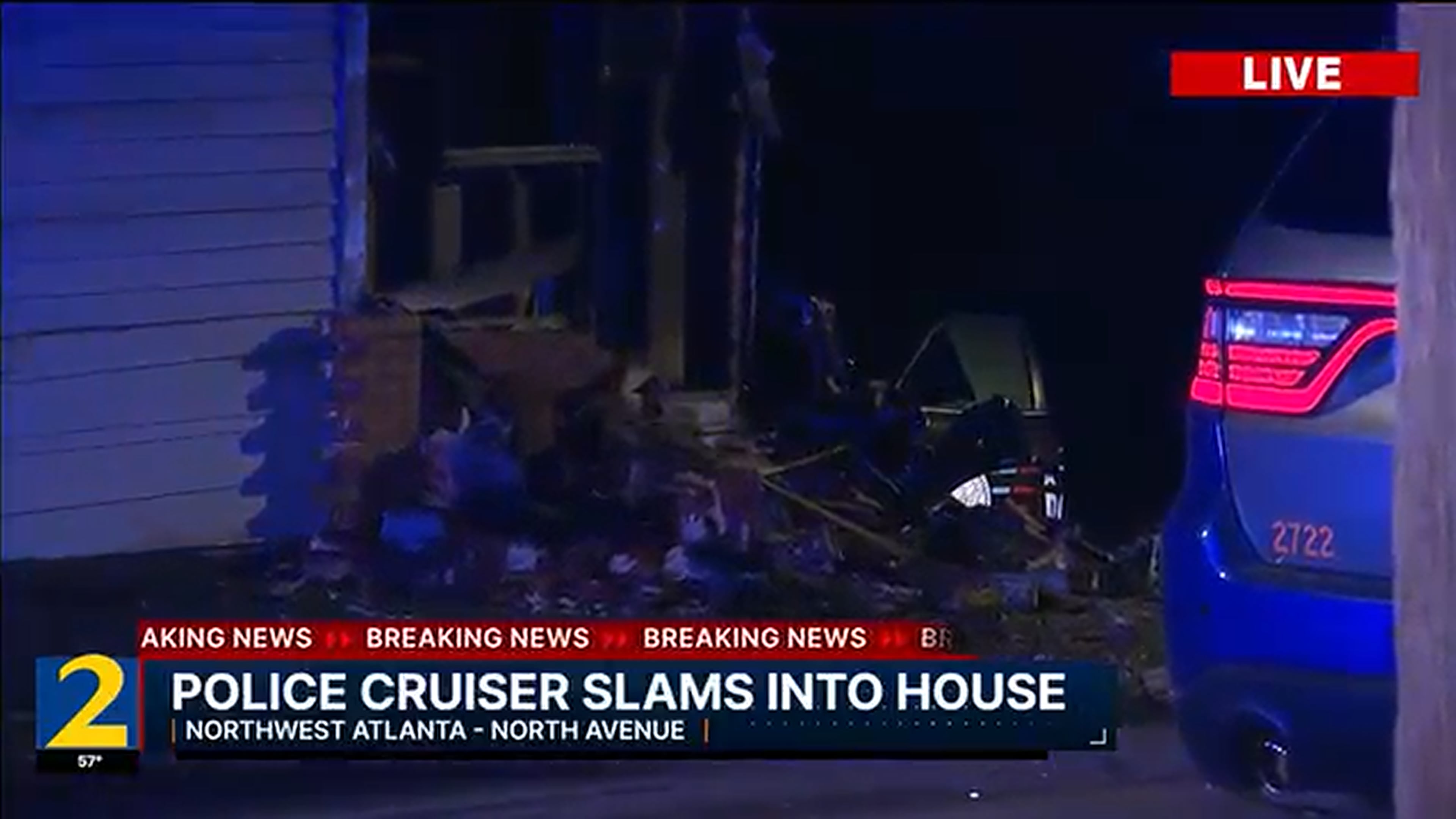 An Atlanta police officer, en route to a call for help from another officer, crashed into the back of a house near the Bankhead neighborhood late Monday, Oct. 20, 2025. (Channel 2 Action News)