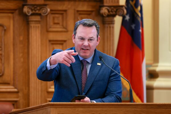 Lt. Gov. Burt Jones speaks during the last day of the legislative session, Sine Die, at the Georgia state Capitol. (Jason Getz/AJC) 