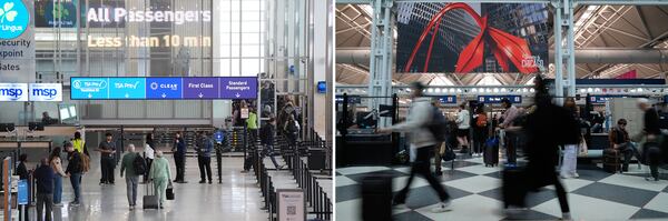 At left, travelers walk to a security checkpoint in Terminal 1 at Minneapolis-St. Paul Airport on March 16. At right, passengers go through TSA security check at O'Hare International Airport in Chicago on March 21. MSP was ranked first, while O'Hare was tied for last, in customer satisfaction in JD Power's latest survey. (Abbie Parr/AP; Kiichiro Sato/AP)