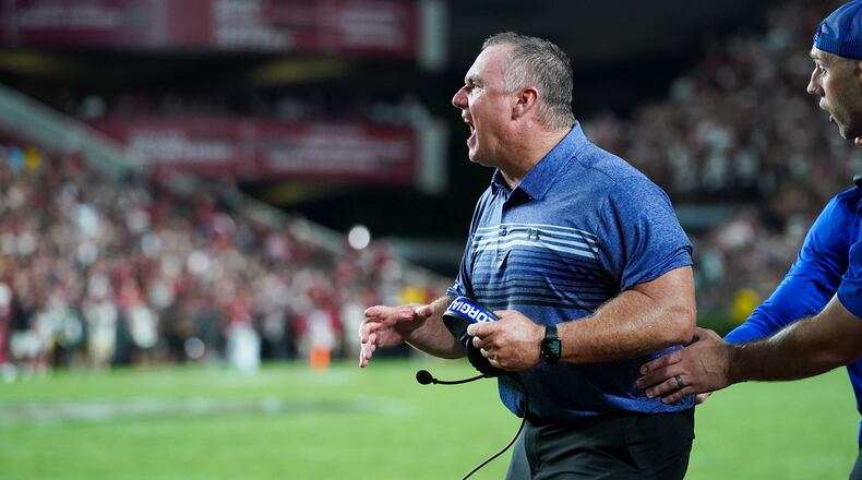 Georgia State coach Shawn Elliott reacts to a play in the 35-14 loss to South Carolina, Sept. 3, 2022 in Columbia. (Daniel Wilson/Georgia State Athletics)
