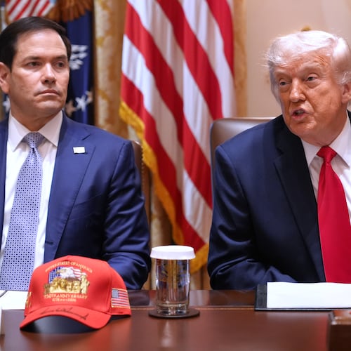 President Donald Trump, next to Secretary of State Marco Rubio, speaks during a Cabinet meeting at the White House, Wednesday, May 27, 2026, in Washington. (AP Photo/Jacquelyn Martin)