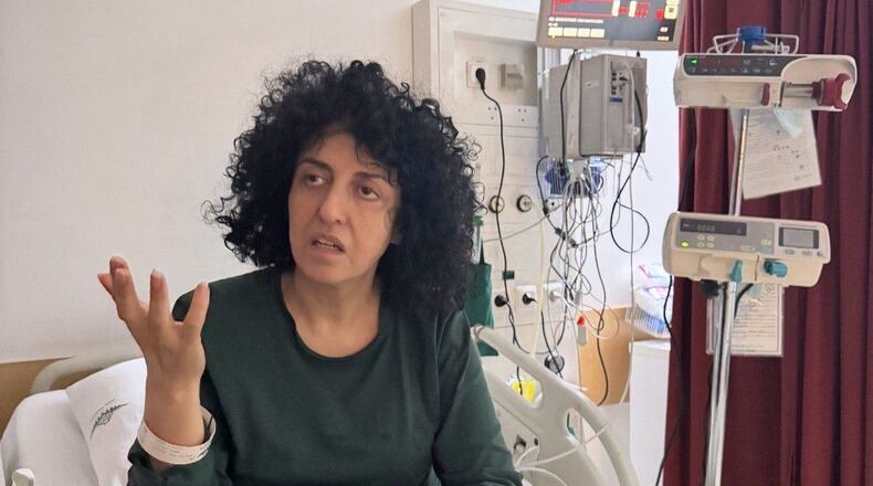 Prominent Iranian human rights activist Narges Mohammadi in a hospital in Tehran, Iran on May 10, 2026. (Narges Foundation Archive via AP)