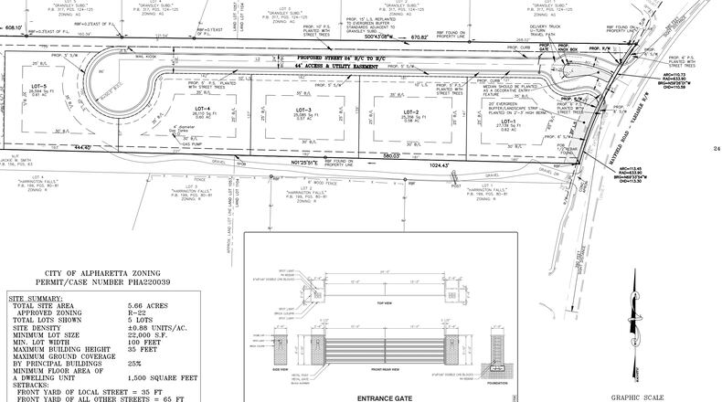 Alpharetta recently approved a request to gate a new private street subdivision with five homes at 1580 Mayfield Road. (Courtesy City of Alpharetta)