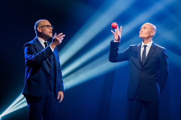 Iron Chef. (L to R) Alton Brown, Mark Dacascos in episode 108 of Iron Chef. Cr. Adam Rose/Netflix © 2022