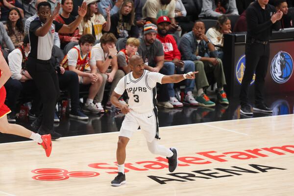 Chris Paul reacts after making a basket during the fourth quarter against the Atlanta Hawks at State Farm Arena on Feb. 5, 2025, in Atlanta. Paul is the 2026 commencement speaker at Morehouse College. (Jason Getz/AJC)