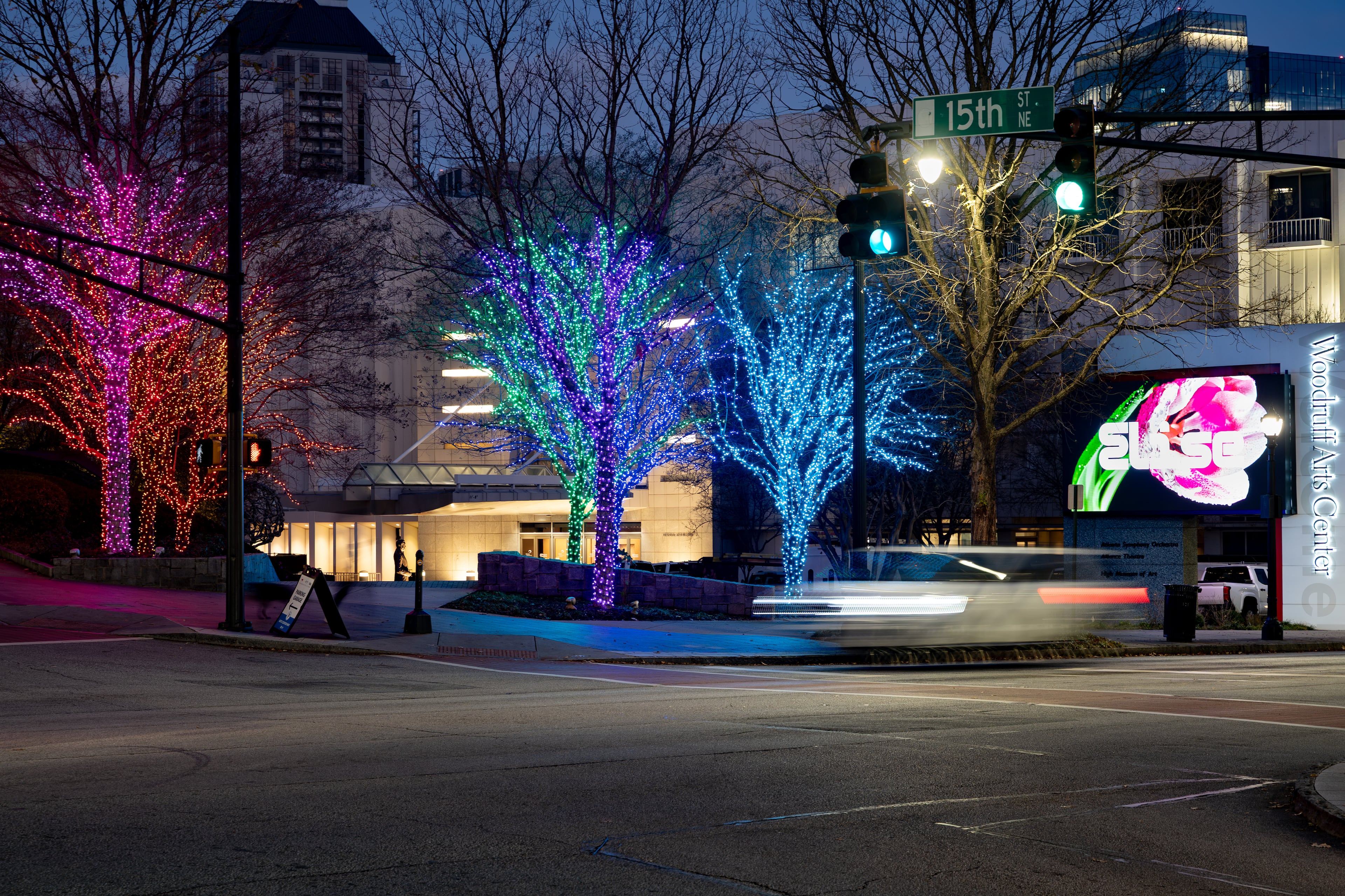 Peachtree Street has fewer holiday lights this year after Midtown Bright had to be scaled back. (Ben Hendren for the AJC)