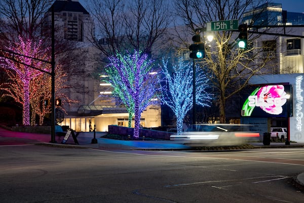 Peachtree Street has fewer holiday lights this year after Midtown Bright had to be scaled back. (Ben Hendren for the AJC)