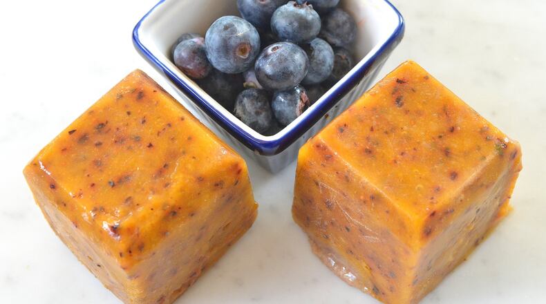 This mango, banana and blueberry Frozen Fruit Bite is inspired by the book “Raw-Vitalize: The Easy, 21-Day Raw Food Recharge” by Mimi Kirk and Mia Kirk White. These icy treats can be made with just about any fruit. The higher starch content fruits like mango or banana will act as a binder and create smoother, less icy treats. STYLING BY MERIDITH FORD / CONTRIBUTED BY CHRIS HUNT