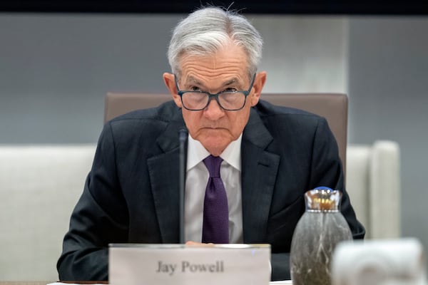FILE - Federal Reserve Chairman Jerome Powell listens during an open meeting of the Board of Governors at the Federal Reserve on June 25, 2025, in Washington. (AP Photo/Mark Schiefelbein, file)