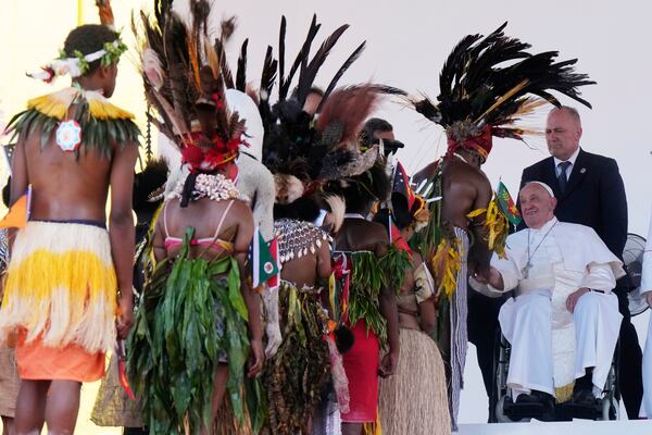 FILE - Pope Francis meets people after giving an address in the Sir John Guise Stadium in Port Moresby, Papua New Guinea, Sept. 9, 2024. (AP Photo/Mark Baker, File)