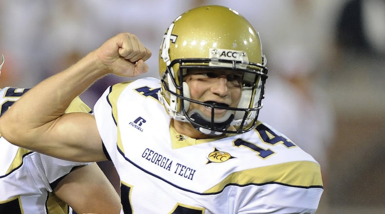 Georgia Tech's kicker Scott Blair flexes his muscle after kicking the game winning field goal on Thursday, September 10, 2009, at Bobby Dodd Stadium at Historic Grant Field. Tech won 30 to 27. AJC file photo by Johnny Crawford.)