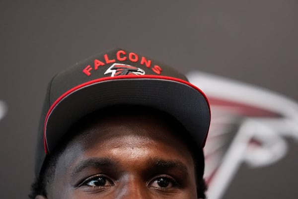 Atlanta Falcons first-round draft pick James Pearce Jr., speaks during a news conference, Friday, April 25, 2025, in Flowery Branch, Ga. (AP Photo/Brynn Anderson)