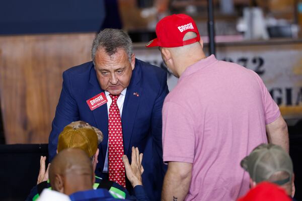Republican state Sen. Steve Gooch of Dahlonega, who is running for lieutenant governor, greeted supporters of President Donald Trump at a rally in Rome on Thursday. (Arvin Temkar/AJC)