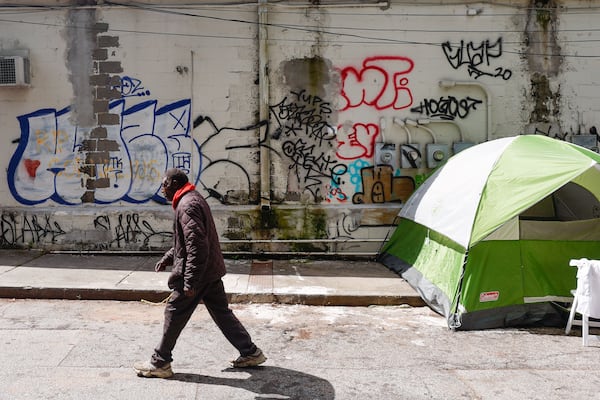 The homeless encampment on Old Wheat Street near Ebenezer Baptist Church in Atlanta on Monday, May 5, 2025. (Natrice Miller/AJC)
