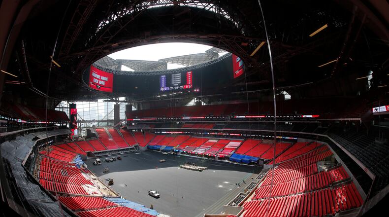The field is shown during a tour of Mercedes Benz Stadium, the new home of the Atlanta Falcons football team and the Atlanta United soccer team, Tuesday, July 25, 2017, in Atlanta. (AP Photo/John Bazemore)