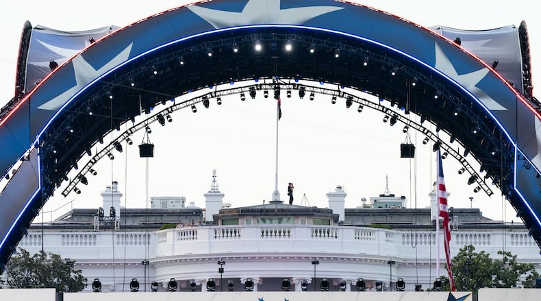 FILE - Security at the White House looks through a pair of binoculars during the UFC Fan Fest on the White House Ellipse ahead of Sunday's fight on the South Lawn, June 13, 2026, in Washington. (AP Photo/Allison Robbert, File)