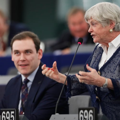 FILE - Britain's European parliament member Ann Widdecombe, right, of the Brexit party, speaks during a debate at the European parliament, Jan. 14, 2020, in Strasbourg, eastern France. (AP Photo/Jean-Francois Badias, File)