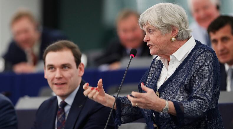 FILE - Britain's European parliament member Ann Widdecombe, right, of the Brexit party, speaks during a debate at the European parliament, Jan. 14, 2020, in Strasbourg, eastern France. (AP Photo/Jean-Francois Badias, File)