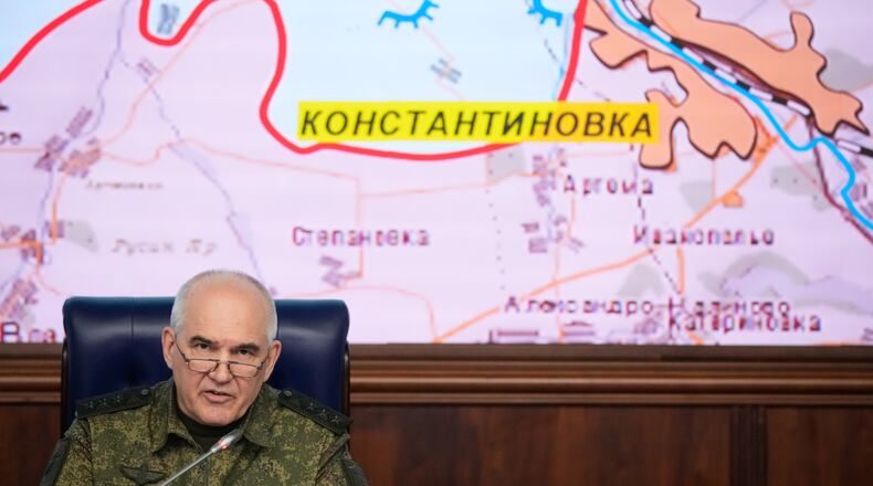 The First Deputy Chief of the General Staff of Russian Armed Forces Lt. Gen. Sergei Rudskoy holds a news briefing in Moscow, Saturday, July 4, 2026. (AP Photo/Pavel Bednyakov)