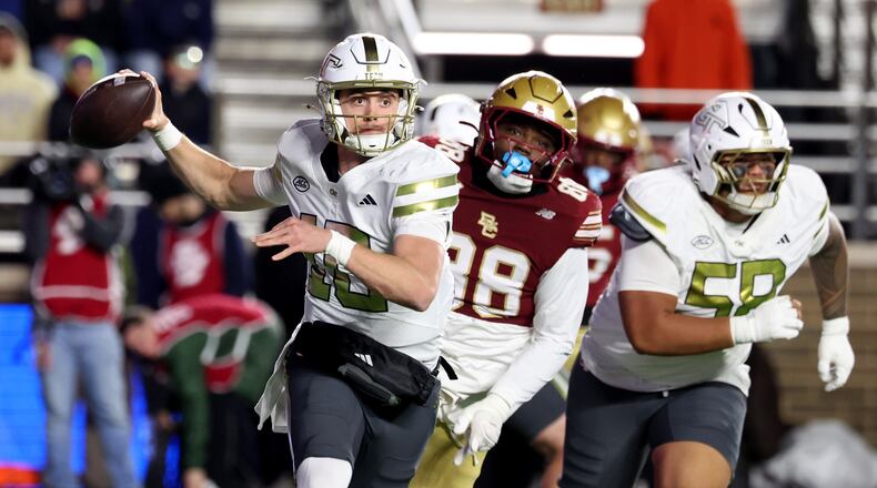 Georgia Tech quarterback Haynes King and the offense did all the team needed from them and more in a 36-34 win at Boston College, but the defense was a huge liability. (Mark Stockwell/AP)