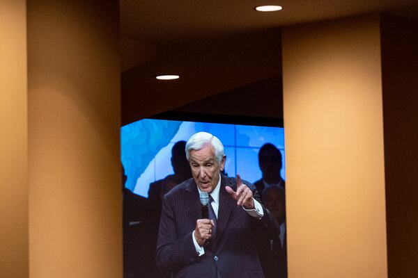 Dr. David Jeremiah is shown on a video screen while speaking during the legacy celebration for Dr. Charles Stanley at First Baptist Atlanta on Sunday, April 23, 2023.   (Ben Gray / Ben@BenGray.com)