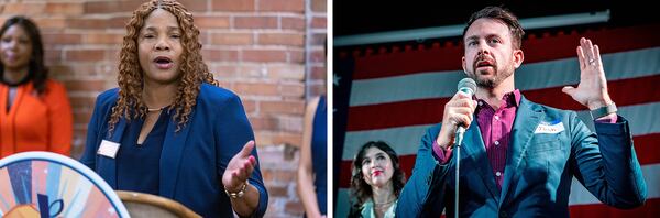 (From left) Public Service Commission District 5 Democratic candidate Sheila Edwards; Republican candidate Joshua Tolbert. (Steve Schaefer/AJC 2022; Courtesy of James Hemauer/Team Tolbert website)