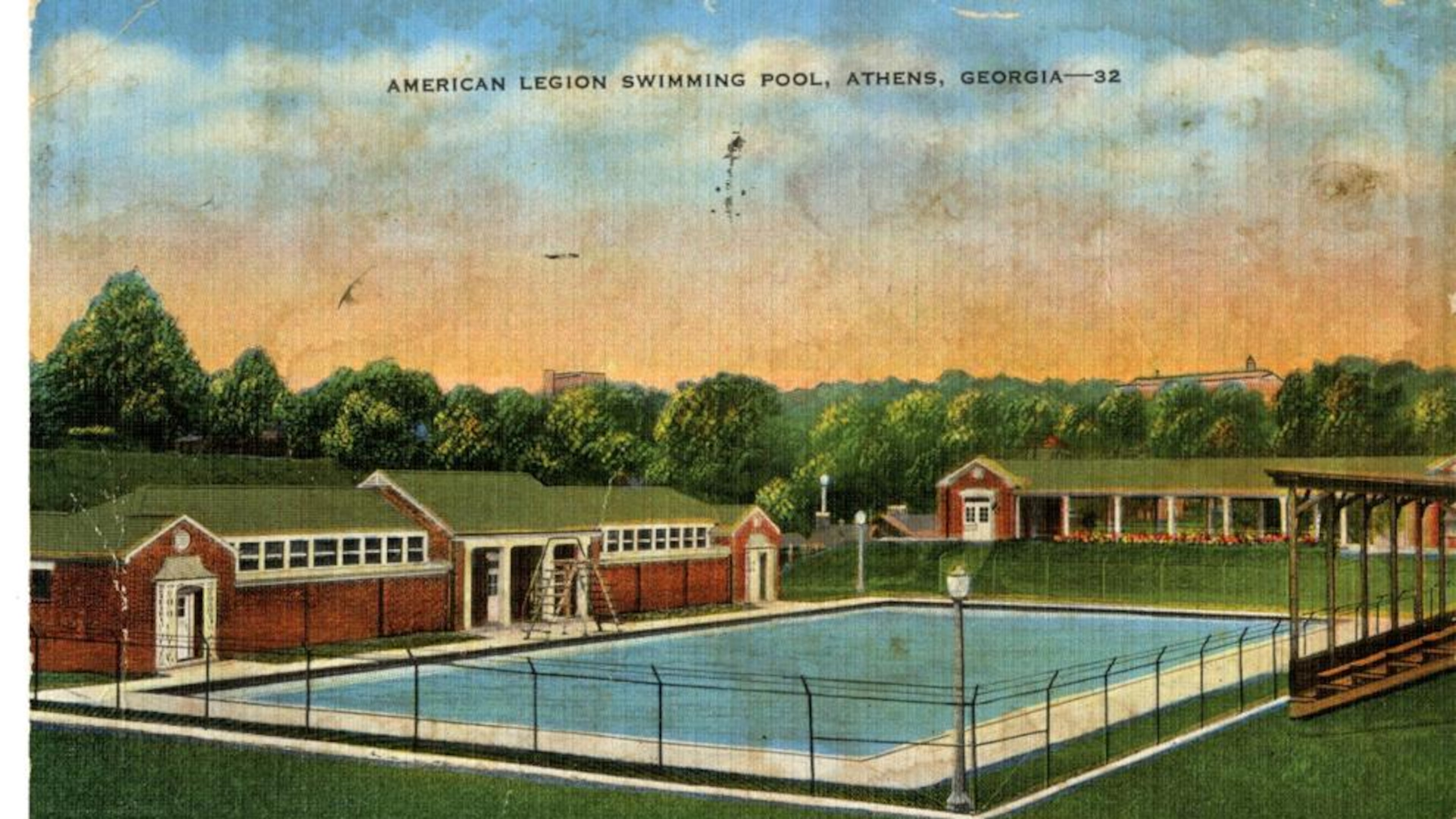 A postcard shows Legion Pool on the University of Georgia campus in Athens. In September, the university announced plans to demolish Legion Pool to make way for green space, an outdoor amphitheater and additional parking. (UGA Hargrett Rare Book and Manuscript Library)