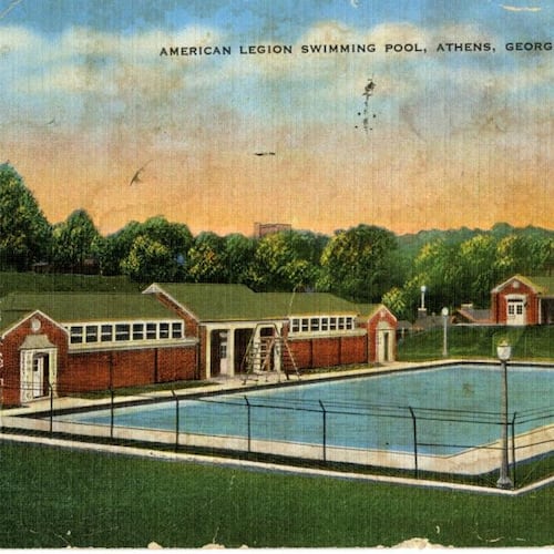 A postcard shows Legion Pool on the University of Georgia campus in Athens. In September, the university announced plans to demolish Legion Pool to make way for green space, an outdoor amphitheater and additional parking. (UGA Hargrett Rare Book and Manuscript Library)