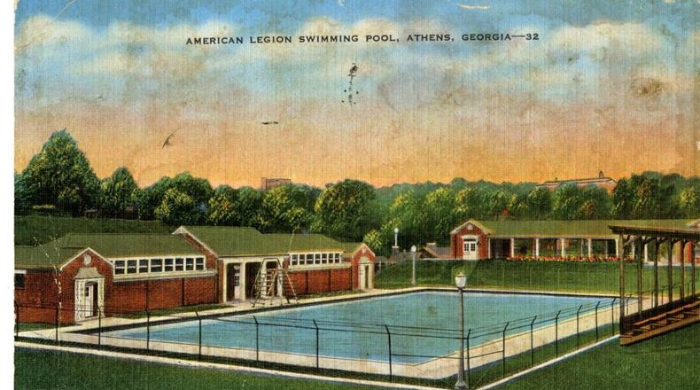 A postcard shows Legion Pool on the University of Georgia campus in Athens. In September, the university announced plans to demolish Legion Pool to make way for green space, an outdoor amphitheater and additional parking. (UGA Hargrett Rare Book and Manuscript Library)